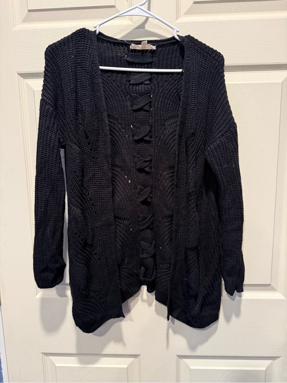 Pink Republic Black Open-Front Knit Cardigan with Bow Trim